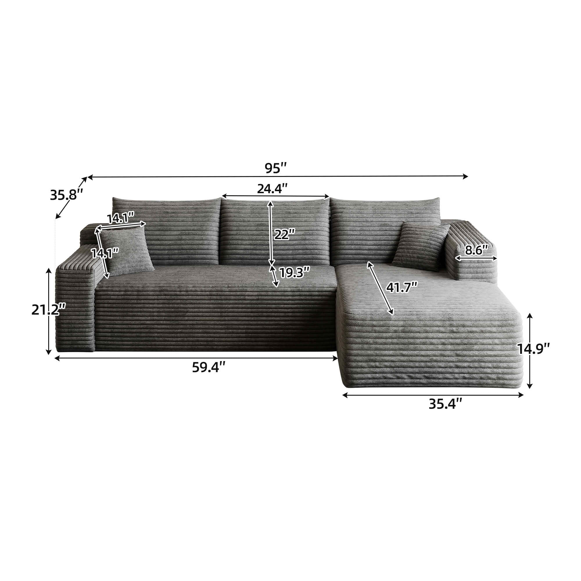 MAYEERTY 95" Corduroy L-Shaped Sectional Sofa, Modern Minimalist Deep Seat Corner Couch with Chaise, No Assembly Leisure Sofa for Home