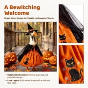 Halloween Witch Themed Dress And Hat Set For 19 To 23 Inch Porch Goose Statue Fall Yard Decor With Black Cat And Pumpkin Motifs
