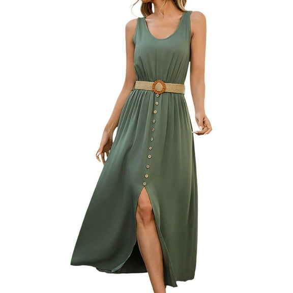 Ashirexll Long Dresses for Women, Casual Dresses for Women, Solid Color Casual Border Flipped Sleeveless Dress