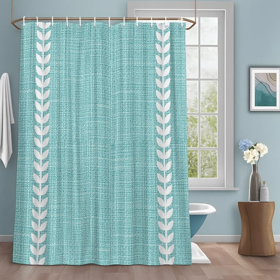 Vintage Teal Shower Curtain Set with Hooks, Country Pastoral Farmhouse Minimalist Leaf Stripe Water Repellent Sturdy Shower Curtains for Bathroom Decoration, Machine Washable 72x78 Inch
