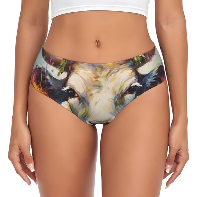 Fotbe Oil Painting Flower Cow Calzones Estampados para Mujer – Ropa Interior de Algodón, Cómoda, Suave y Elástica-Medium