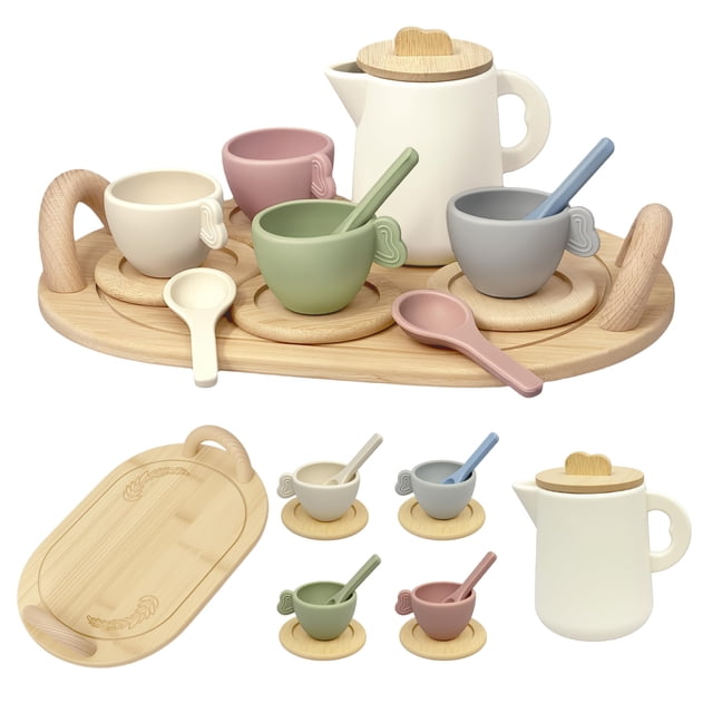 Juego de té de madera BOMOKS de 15 piezas para niños pequeños
