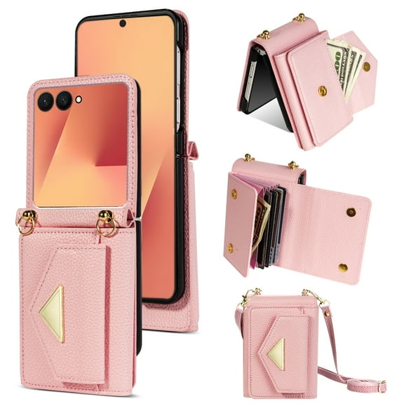 Allytechgroup Galaxy Z Flip 7 FE Wallet Case with Cards Holder, Detachable Shoulder Strap Envelope Design Closure Protective Anti-Scratch Phone Case Shell for Samsung Galaxy Z Flip 6/ 7 FE,Pink