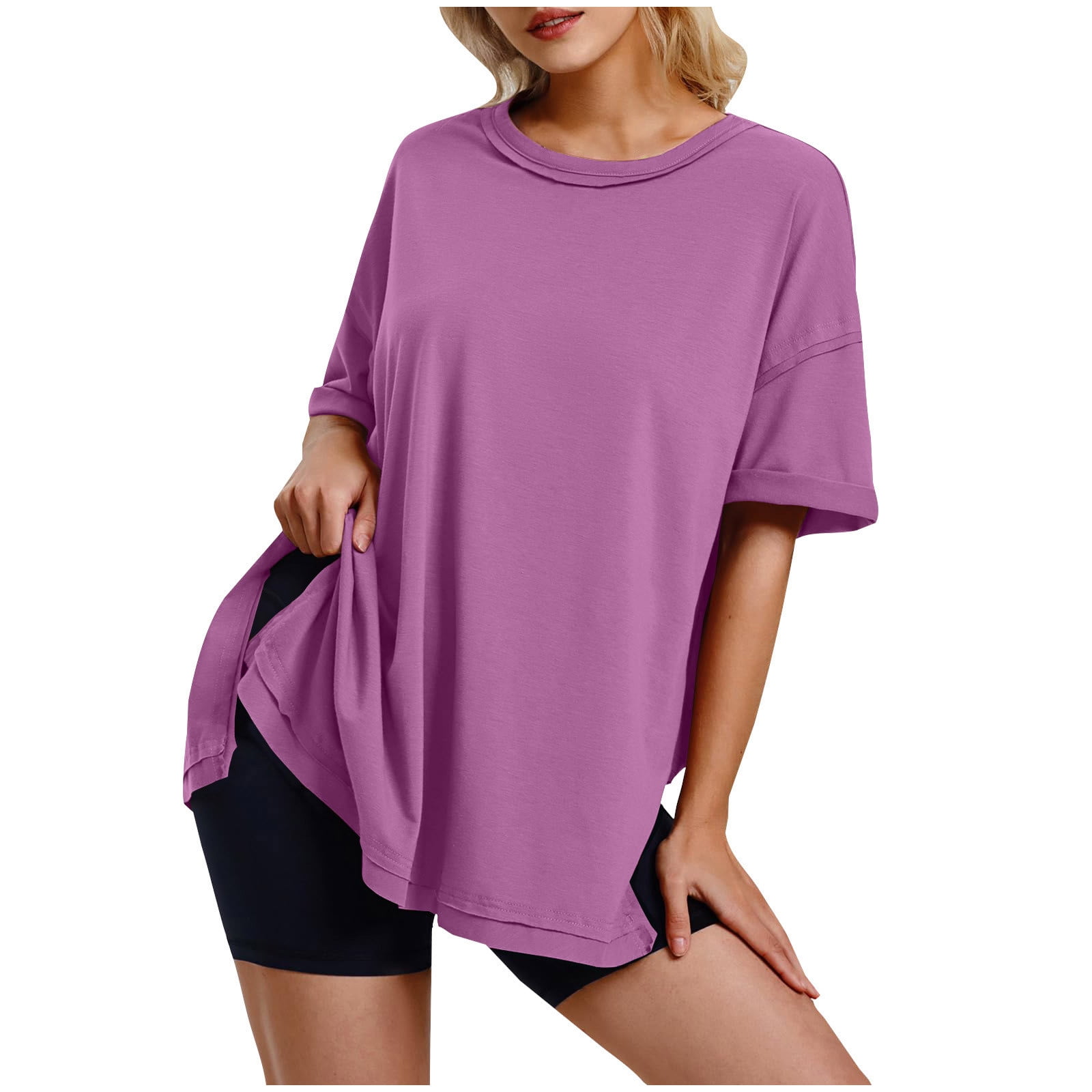 Plebaso T-Shirts d'Été pour Femmes T-Shirts à Manches Courtes Surdimensionnés Hauts Décontractés Col Rond Chemises Unies pour Femmes