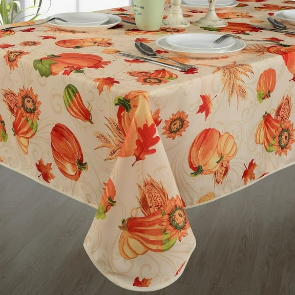 Fall Harvest Pumpkins & Corn With Leaves & Sunflowers Print Tablecloths,  Ivory