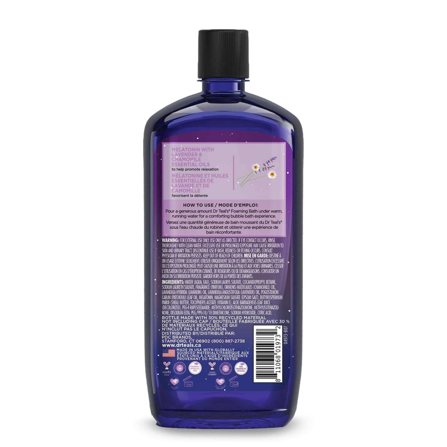 Dr Teal's Bain Moussant avec du Sel D'Epsom Pur, Bain à la Mélatonine, Lavande et de Camomille Mélange D'Huiles Essentielles, 34 fl oz 1L
