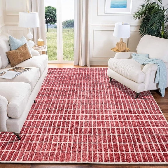 Hand-Tufted 100% Wool Area Rug – Unique Modern Geometric Grid Pattern, Soft Plush Textured Carpet for Living Room, Bedroom, Dining Room & Entryway (Brick Red, 2'6" x 8' (Runner))