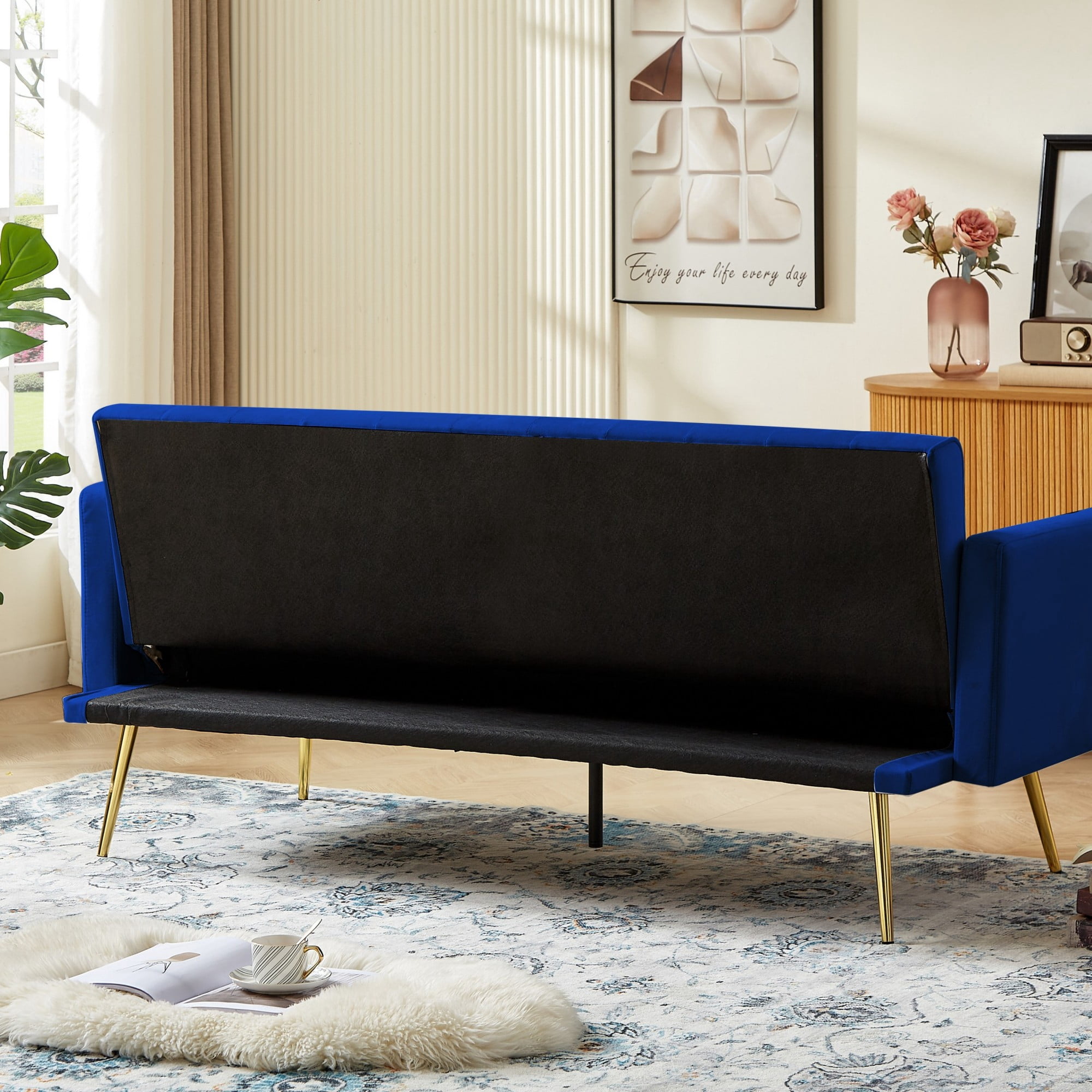 Leumius Velvet Futon Sofa Bed,Adjustable Convertible Folding Sleeper Couch Bed for Compact Living Spaces,Blue 02