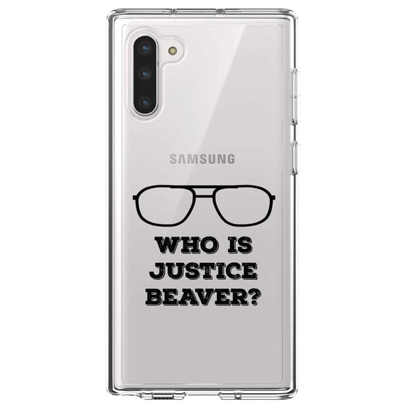 DistinctInk Clear Shockproof Hybrid Case for Samsung Galaxy Note 10 (6.3" Screen) - TPU Bumper Acrylic Back Tempered Glass Screen Protector - Who is Justice Beaver - Dwight Glasses