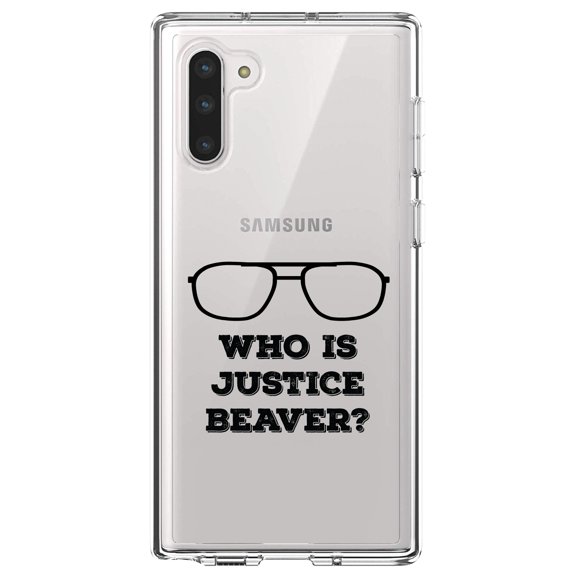 DistinctInk Clear Shockproof Hybrid Case for Samsung Galaxy Note 10 (6.3" Screen) - TPU Bumper Acrylic Back Tempered Glass Screen Protector - Who is Justice Beaver - Dwight Glasses