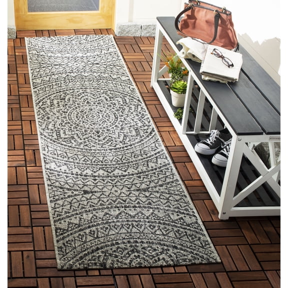 SAFAVIEH Courtyard Josiah Floral Medallion Indoor/Outdoor Runner Rug, Light Grey/Black, 2'3" x 8'