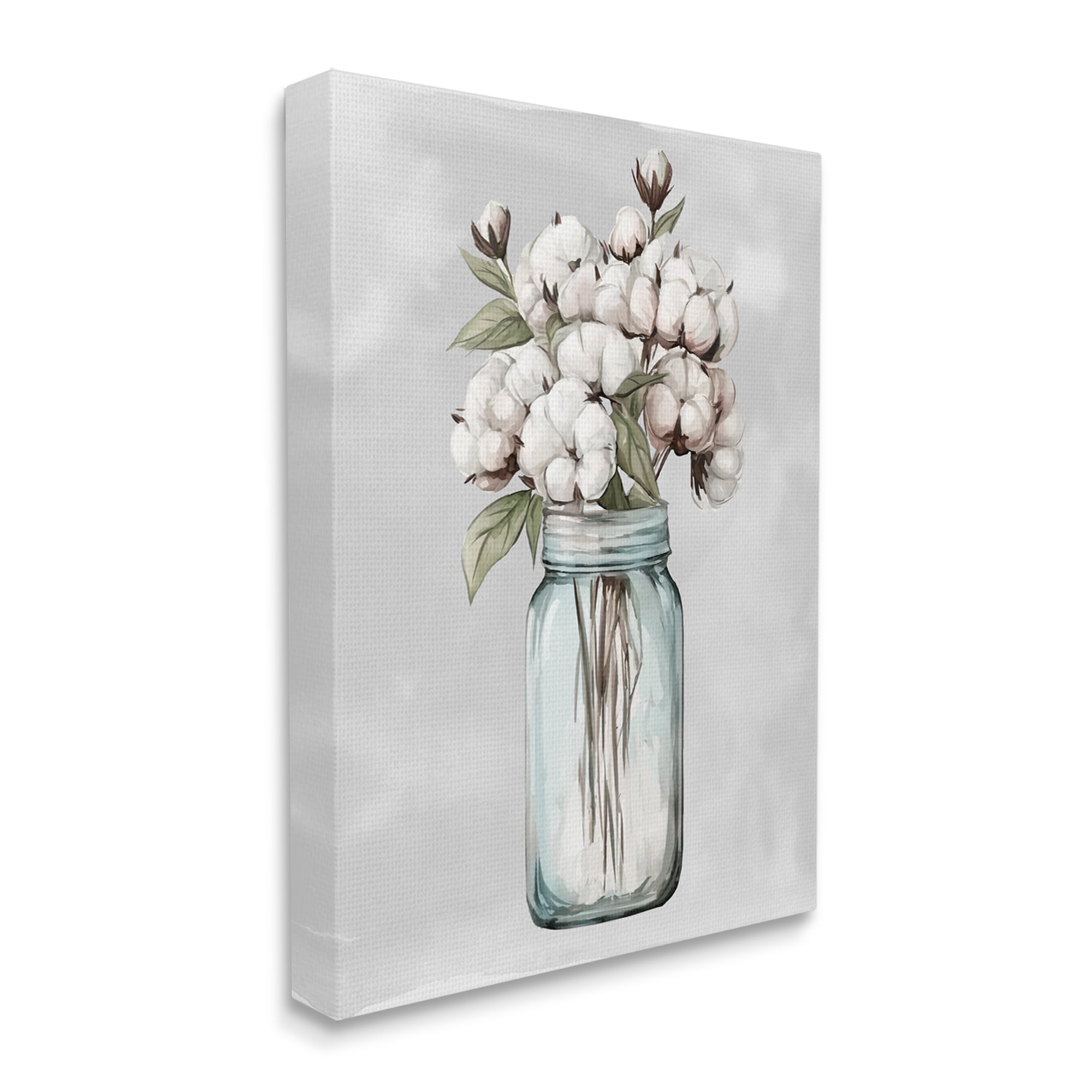 Stupell Industries Cotton Flower Sprigs Farmhouse Jar Botanical & Floral Painting Gallery Wrapped Canvas Print Wall Art