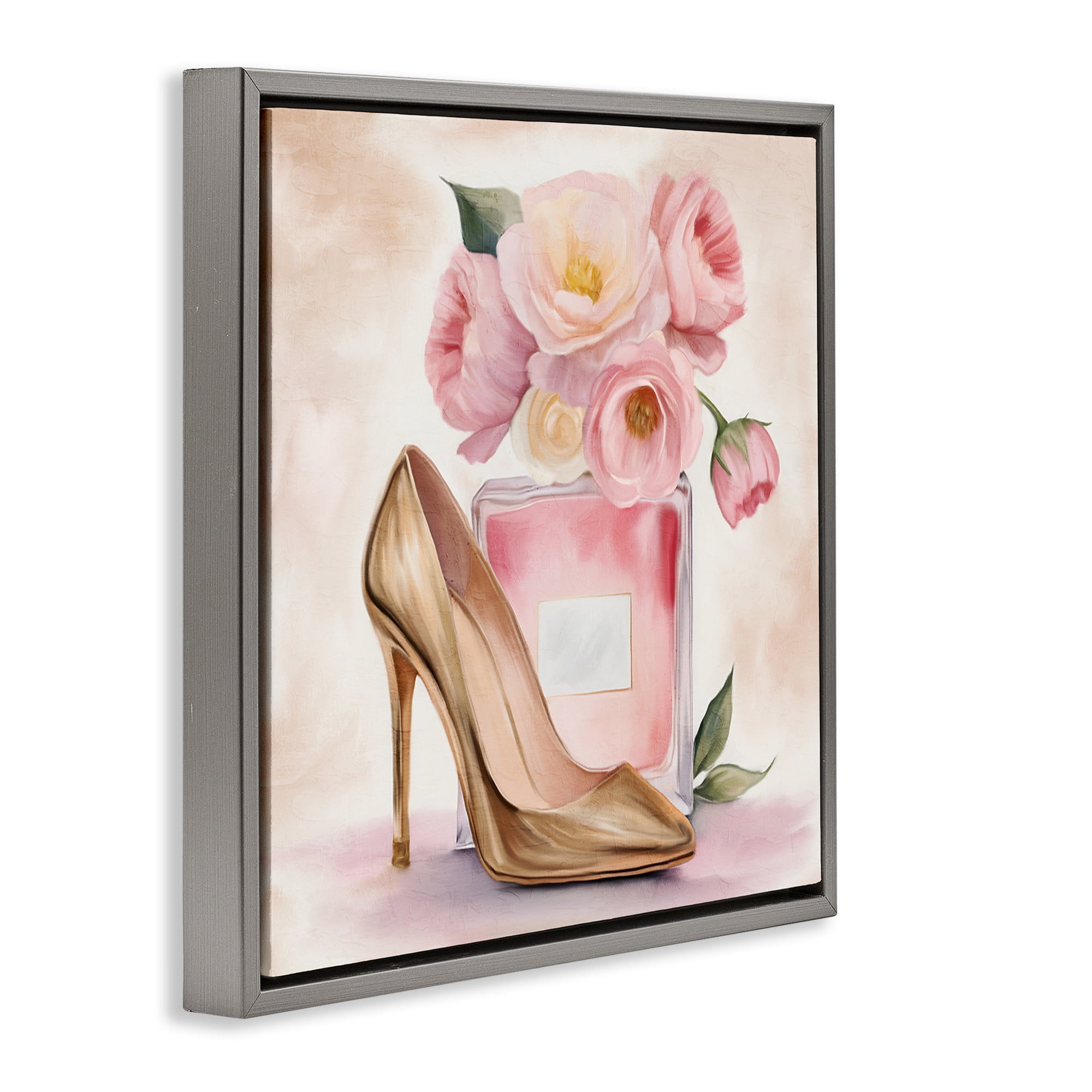 Stupell Industries Pink Beauty Heel & Flowers Gray Framed Floater Canvas Wall Art, design by Kim Allen