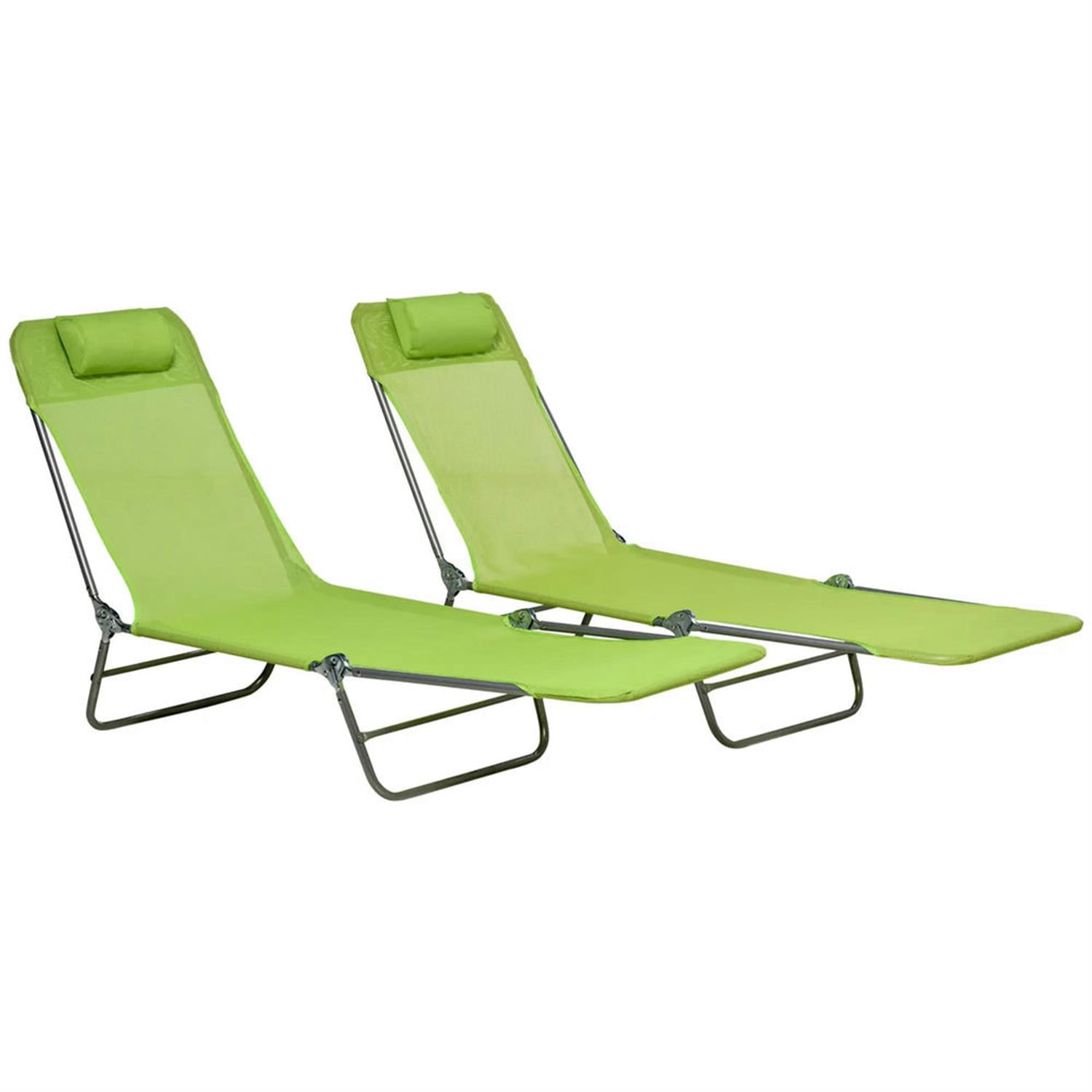 Demi Bonn 2-Piece Folding Reclining Chaise Loungers, Outdoor Mesh Sunbathing Seats with Headrest for Beach & Patio Relaxation, Green