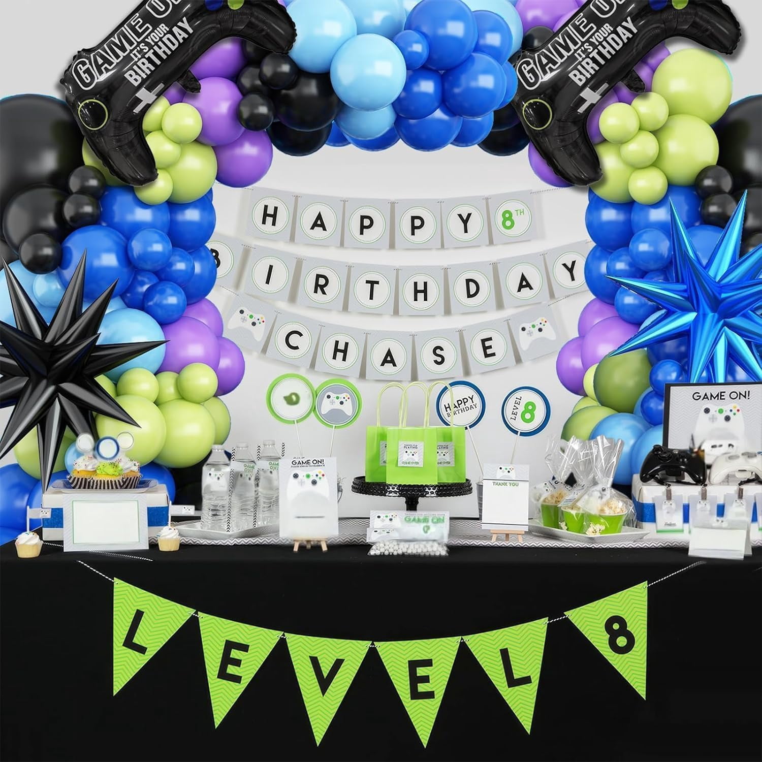 Video Game Balloon Arch Garland Kit, Blue Purple Green Black Party Balloons with 2 pcs Game Handle Foil Balloons for Video Game Theme Birthday Party Boys Game Night Decor