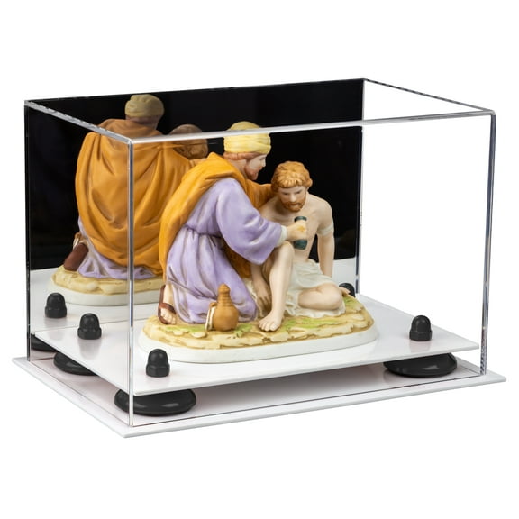 Versatile Acrylic Display Case - Small Rectangle Box with Mirror, Black Risers and White Base 9.5" x 6" x 6.5" (A005-BR)