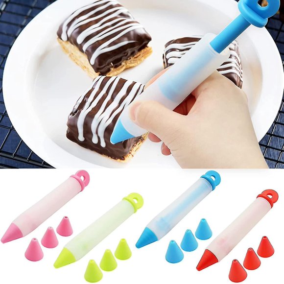 4pcs Cake Decorating Pen Kit, Silicone Icing Pen Cake Writing Instrument, Frosted Piping Tips, Baking and DIY Cake Accessories SX