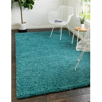 Rugs.com Solid Shag Collection Rug – 6' x 9' Deep Aqua Blue Shag Rug Perfect For Bedrooms, Dining Rooms, Living Rooms