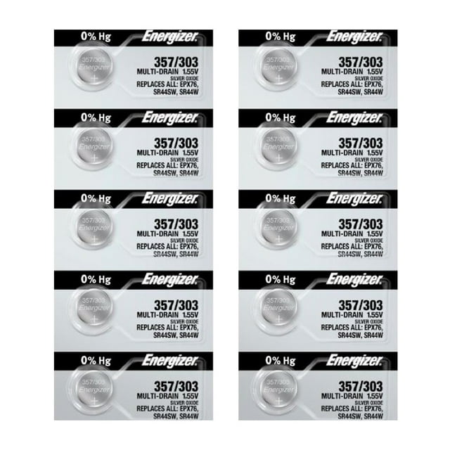 Energizer 357/303 (SR44W, SR44SW, EPX76) silver oxide watch battery 10-pack in blister packaging. Each coin cell battery features 0% mercury, multi-drain 1.55V specifications, and is ideal for watches, keyless entry devices, and small electronics.