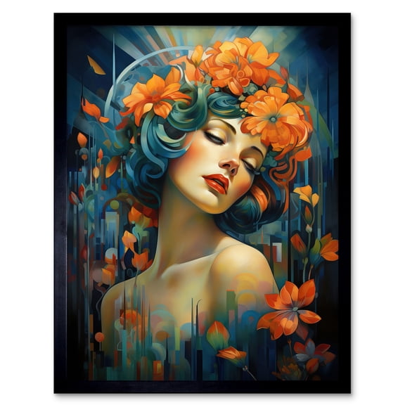 Woman Portrait with Flowers Modern Art Deco Vibrant Artwork Orange Blue Floral Headband Art Print Framed Poster Wall Decor 12x16 inch
