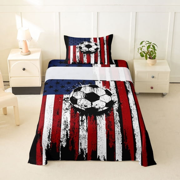 Manfei Soccer Sports Twin Sheets,Vintage Us Flag Bedding,Red White,3pcs,1 Fitted Sheet and 1 Pillowcase