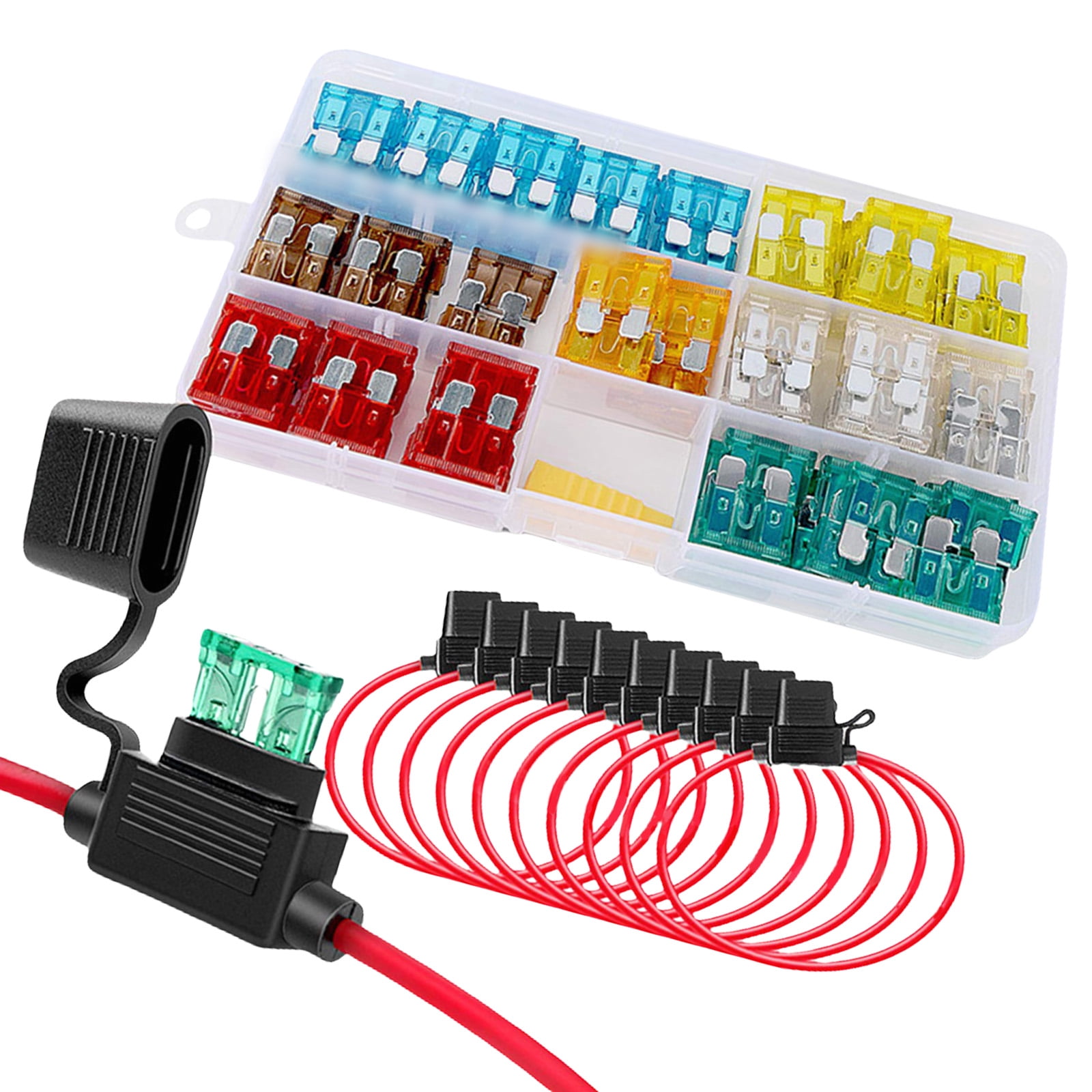 130pcs Inlines Car Fuses Holders 12V Waterproof Designs Includes 14 Standard Fuses Convenient for Various Vehicles