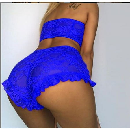

Colofity Women Sexy 2PCS Lingerie Set Floral Lace Crop Slim See Through Mesh Top High Waist Ruffle Short Pants Sleepwear Set