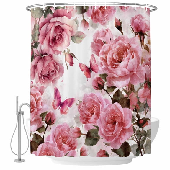 Pink Roses Shower Curtain, Waterproof Shower Curtains for Bathroom, Spring Floral Elegant Pastoral Butterfly Washable Fabric Bathtub Curtain Set Bath Decor with 12 Hooks Stall 36"x72"