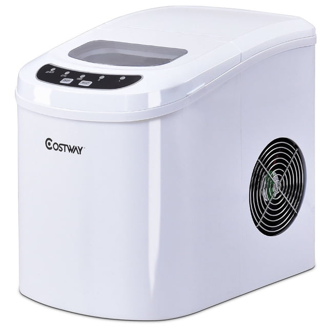 máquina de hacer hielo 12 kg / 24 h tanque del agua de 2,2 l con cuchara y cesta portátil para casa bar blanco costway máquina de hielo blanca en vista frontal 3/4 con ventana transparente en la tapa y panel de control digital en negro; carcasa ABS blanca con ventilador lateral visible y logotipo Costway en el frente; incluye cesta removible y cuchara, produce 9 cubitos en 6-13 min y hasta 12 kg en 24 h, adecuada para fiestas, cocina y para enfriar batidos.