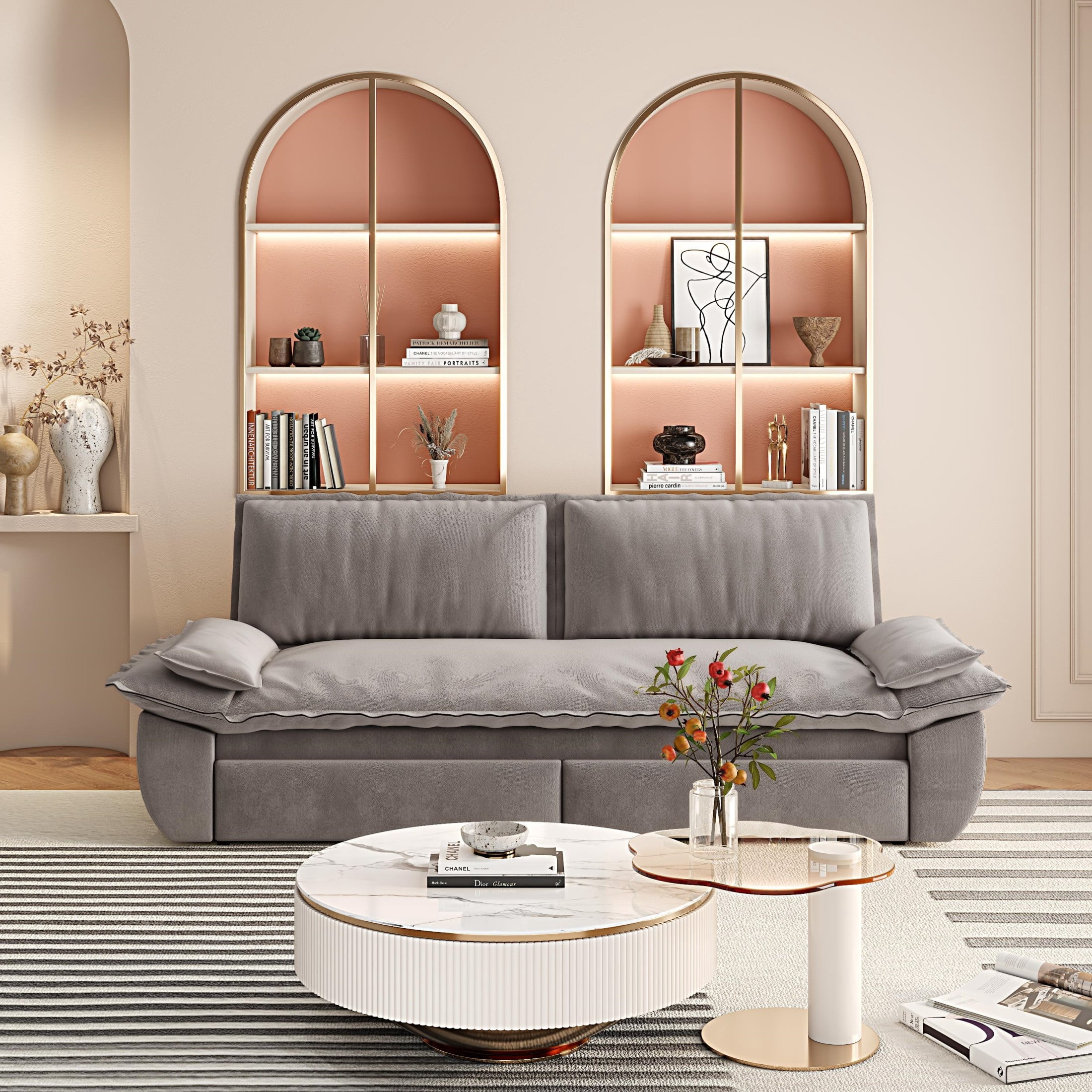 Noble House Cersie Velvet Pull-Out Loveseat Sofa Bed, Multifunctional 3-in-1 Convertible Queen Sleeper Couch, Light Grey