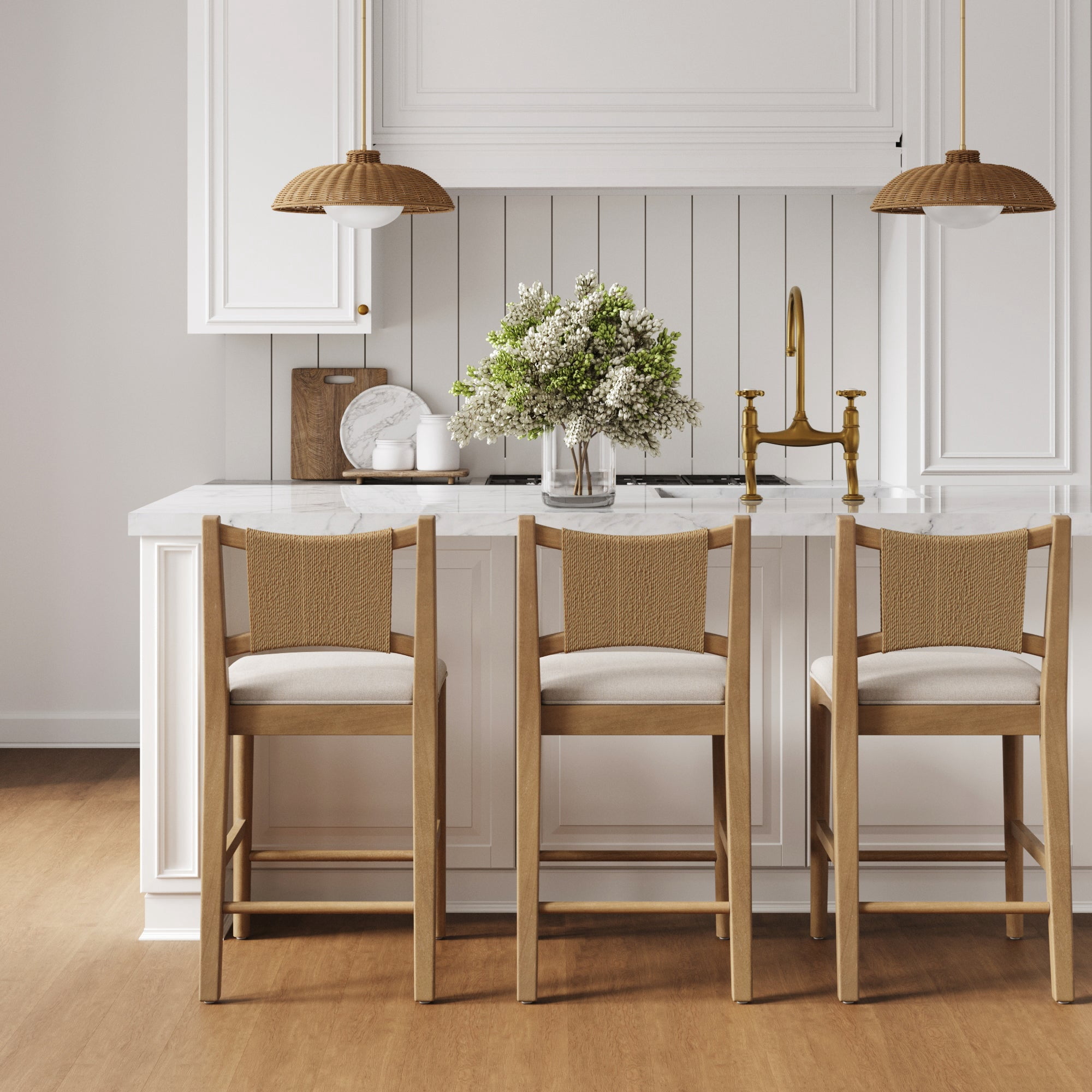 Nathan James Elodia Boho Counter Height Bar Stool with Back, Woven Seagrass Backrest and Solid Wood Frame, Light Brown