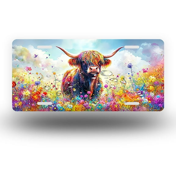 Colorful Cow in Flower Field Front License Plate,Metal License Plate,Funny Standard Plates Personalized Novelty Decorative For Men/Women/Boys/Girls Car 6×12 Inch