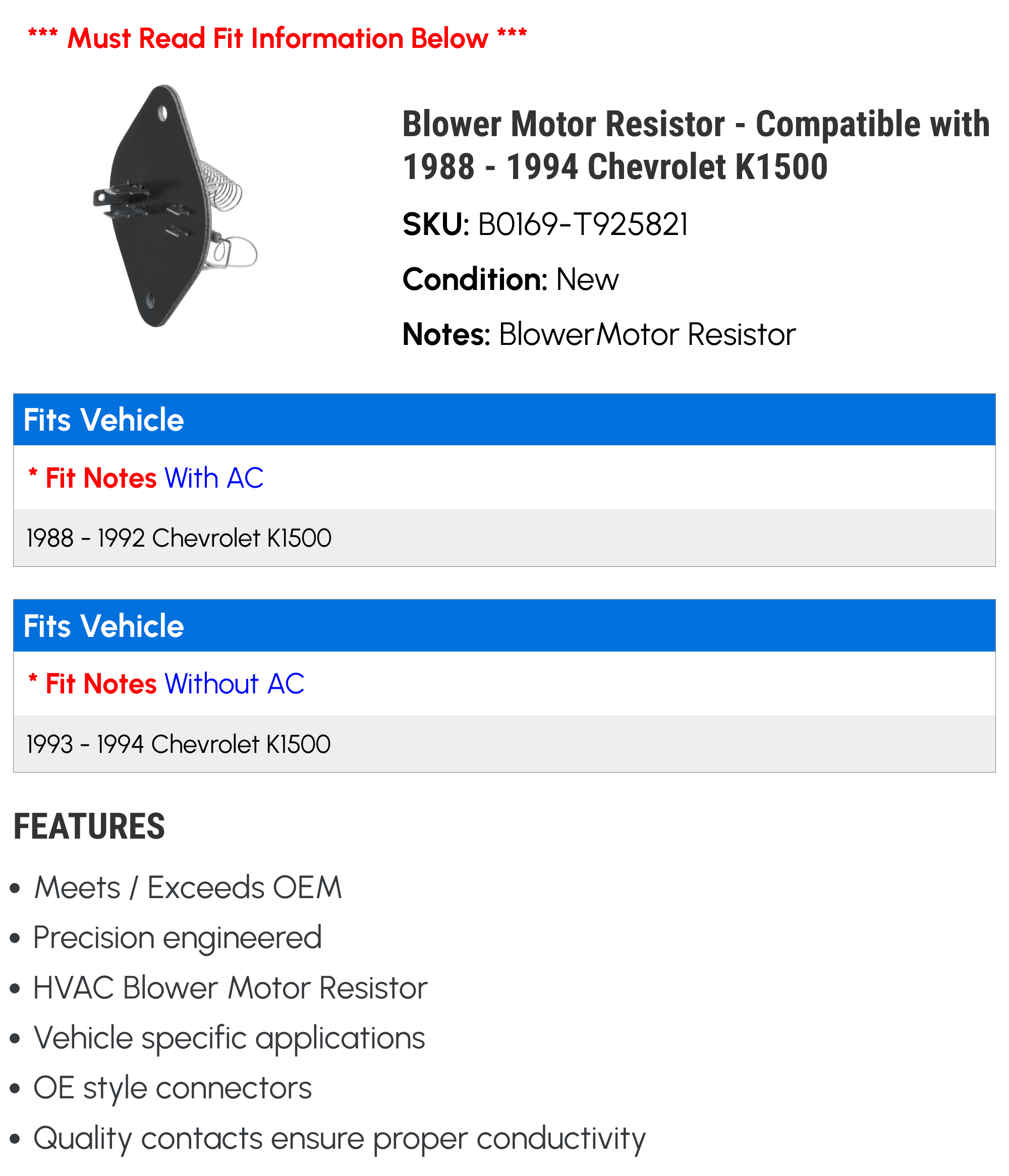 Blower Motor Resistor - Compatible with 1988 - 1994 Chevy K1500 1989 1990 1991 1992 1993