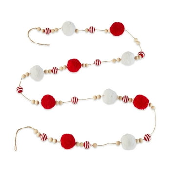 Holiday Time Decorative Red and White Plastic and Pompom Beaded Garland, 6