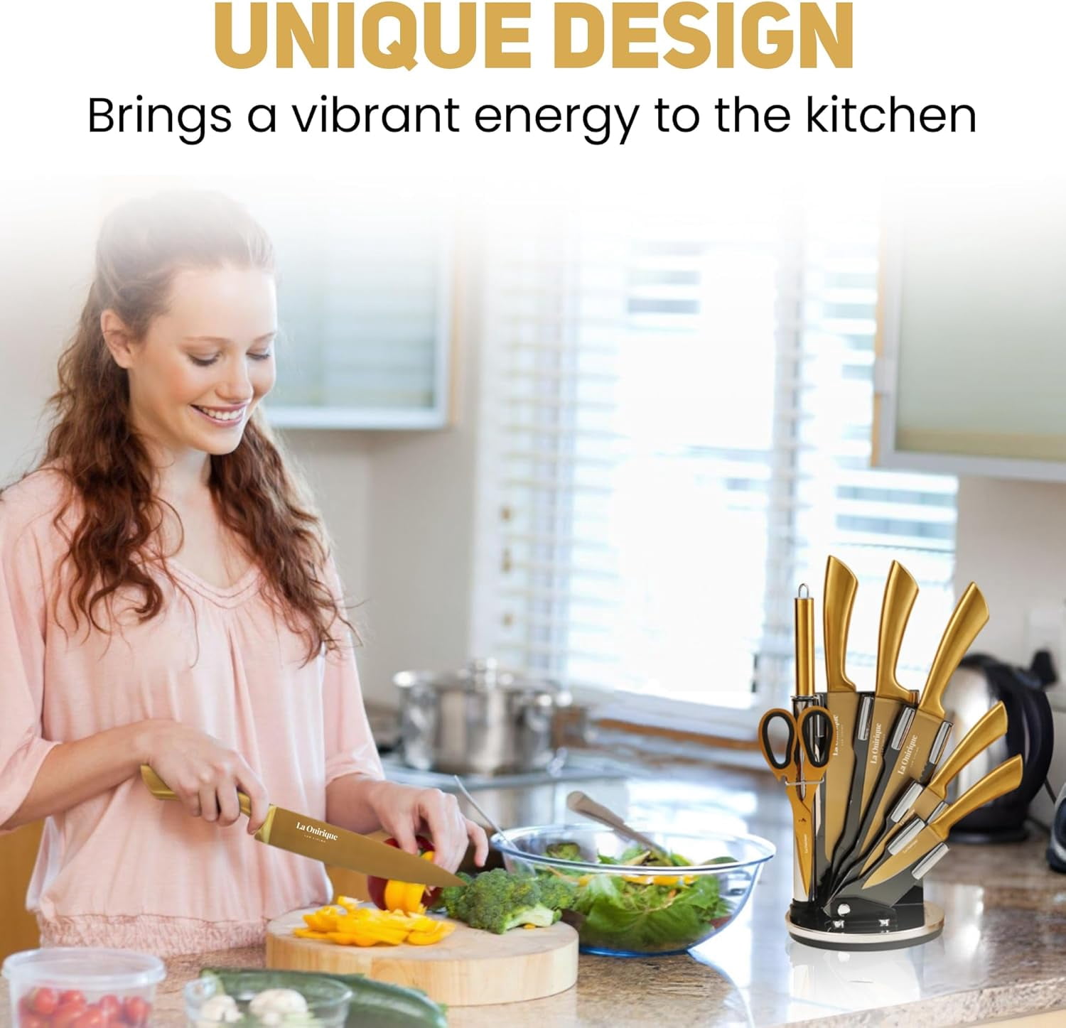 Luxury Silver & Gold Kitchen Knife Set with Block & Sharpener – 8-Piece -Coated Stainless Steel Knives, Super  Cutlery Tools for Home Cooking