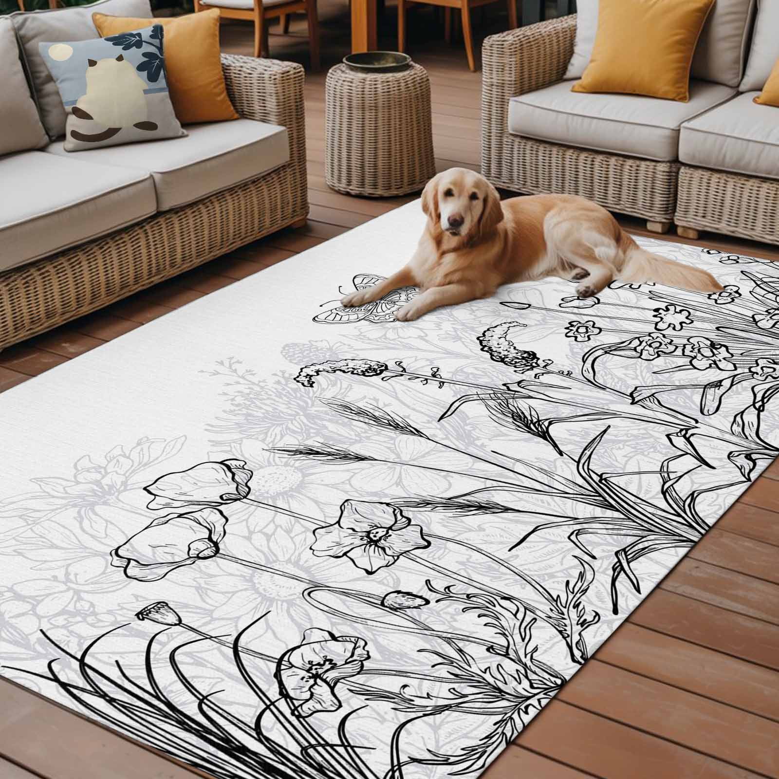 Outdoor Rug 5x8ft Simple Style Floral Large Area Rug Grey Plant Line Art Indoor Outdoor Carpet Outdoor Rugs Mats for Patio Camping,RV,Front Door, Outside Decor