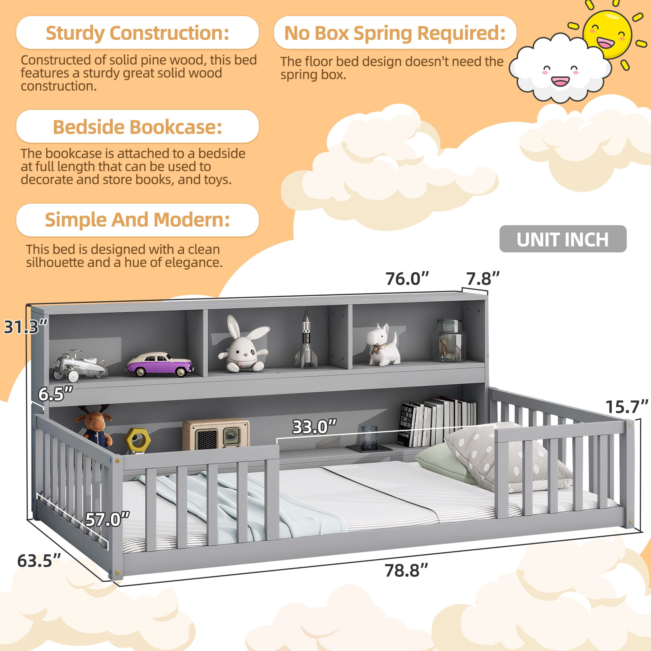 PORKISS Standard Pine Wood Floor Bed Frame with Bookcase and Fence, Full