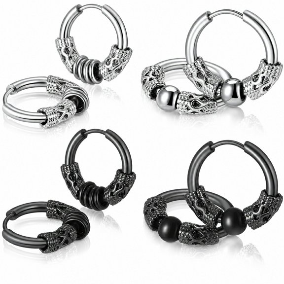 Lsupdaol 4 Pairs 14mm Stainless Steel Huggie Hoop Earrings Beaded Circle for Men Women Black Silver