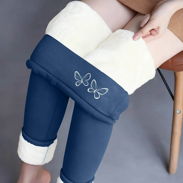 Leggings de lana de cordero gruesa para mujer, pantalones largos con estampado pequeño y forro polar añadido, pantalones de poliéster para mujer