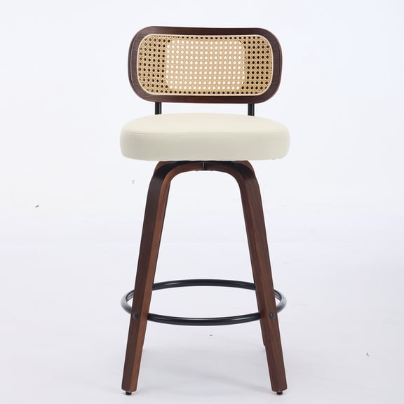 Set of 3 Rattan Counter Height Bar Stools - 26" Swivel Stools with Cane Back, Upholstered PU Leather Seat, Walnut Wood Frame, Beige, for Kitchen Island, Countertop, Bar - 330lb Capacity