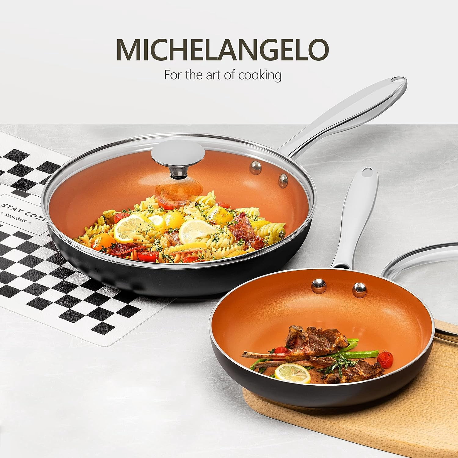 12 Inch Frying Pan with Lid, Nonstick Copper Frying Pan, Non Stick Ceramic Skillet with Lid, Large Copper Pan Non-Stick, Induction Compatible