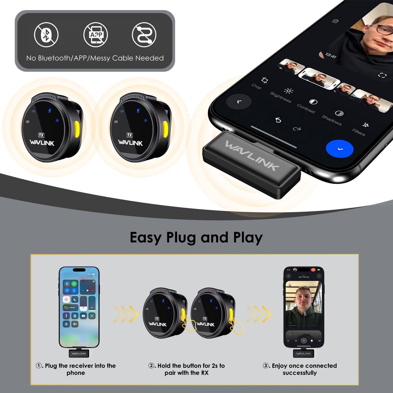 WAVLINK Wireless Microphone, Dual Wireless Mic with USB Battery Case for phone Vlog/Video Recording