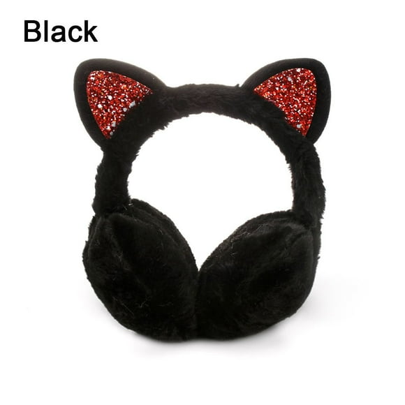 New Lovely Winter Warm Cat Ear Warmers Glitter Ears Plush Earmuffs for Women Playful Girls Ear Muffs Cold Protection Warm Hot (black)