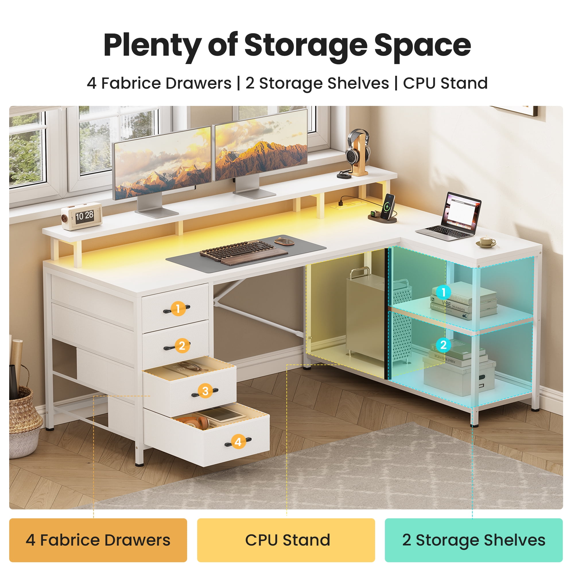 47" Gaming Desk with Power Outlets & LED Lights, L Shaped Desk with Fabric Drawers & CPU Stand, Corner Computer Desk with Open Shelves for Small Space, White