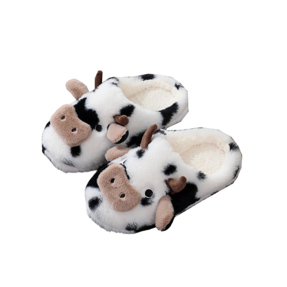 Qingpeng Womens Closed Toe Cow Print Plush Slippers Cozy Soft Full Coverage Indoor House Shoes for Home Winter Warm Comfort