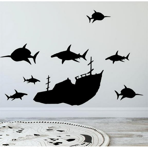 Black Sunken Ship & Shark Wall Decals Boys Room Decor Stickers(7)Sharks 5"-11"(1)Ship 21"