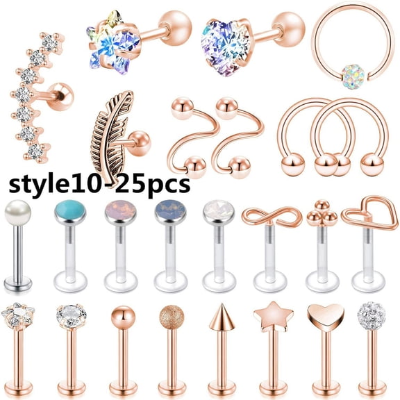 QQTDFG 4-25Pcs/lot 16g Stainless Steel Labret Studs CZ Opal Nose Rings Ear Lip Piercing-Style10-25pcs