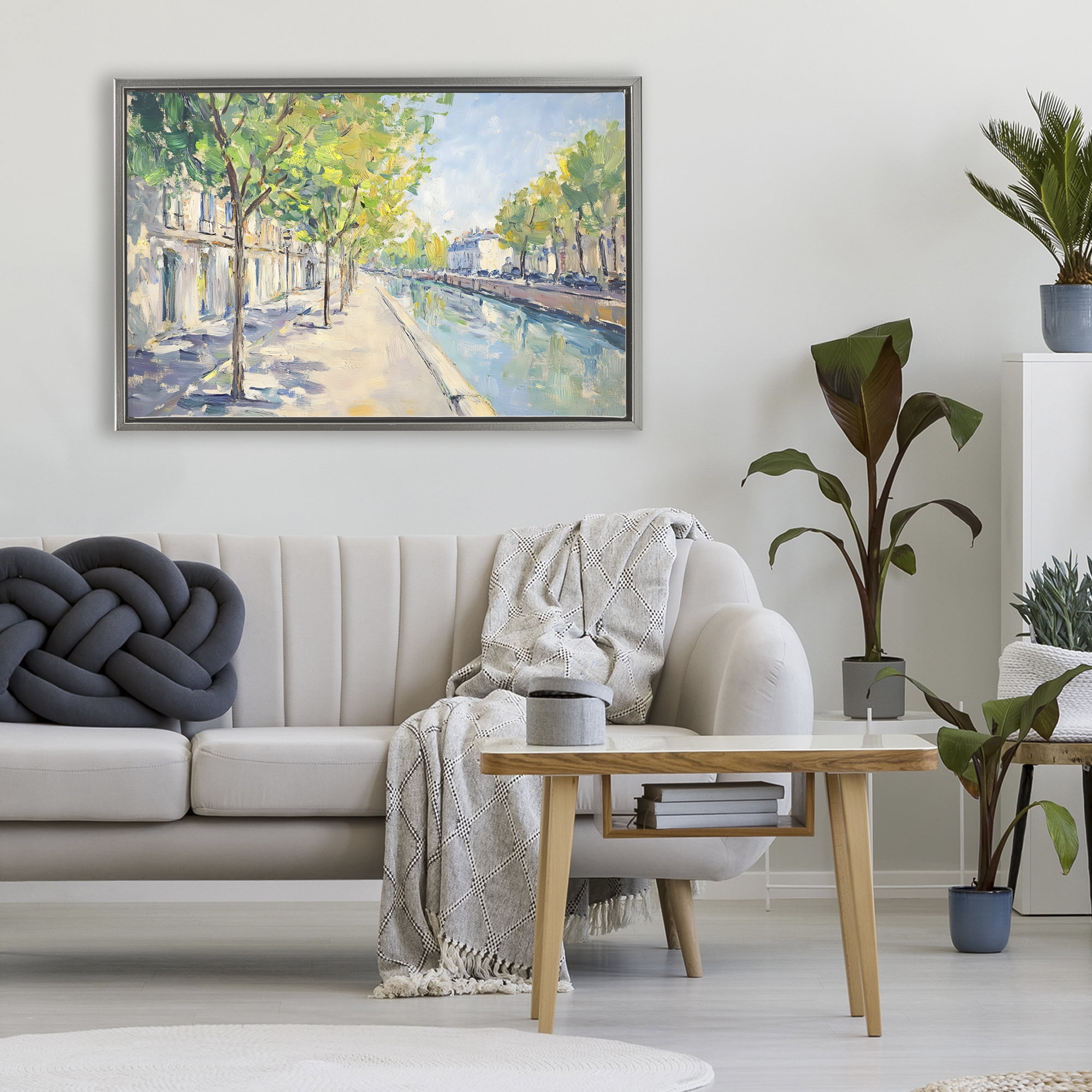Stupell Industries Montrouge Canal Promenade Gray Framed Floater Canvas Wall Art, design by Creative Studio