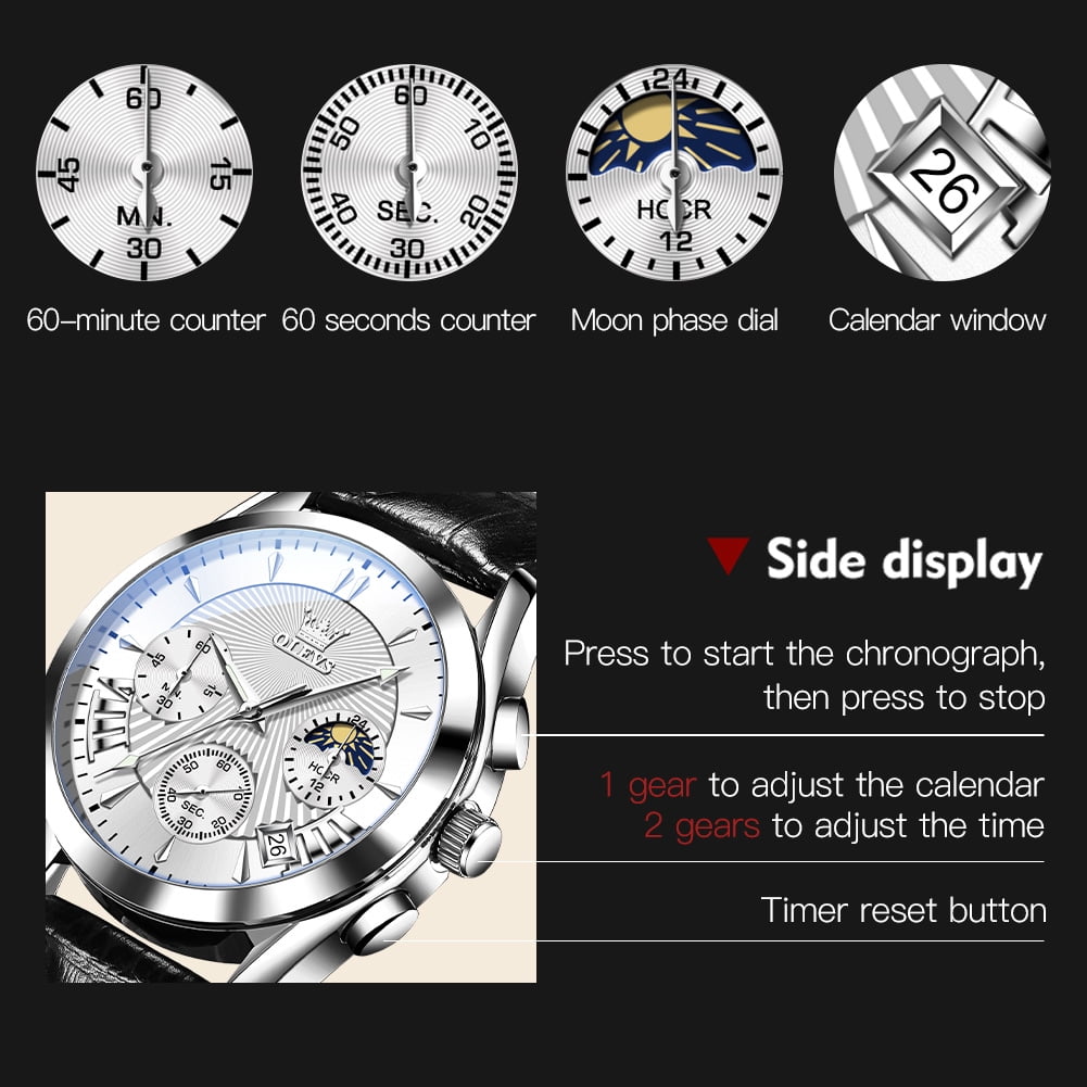 OLEVS Watches for Men Chronograph Black Leather Gold Plated Case Analog Quartz Fashion Business Dress Large Face Mens Watches Luminous Waterproof Casual Male Wrist Watch Reloj para Hombre
