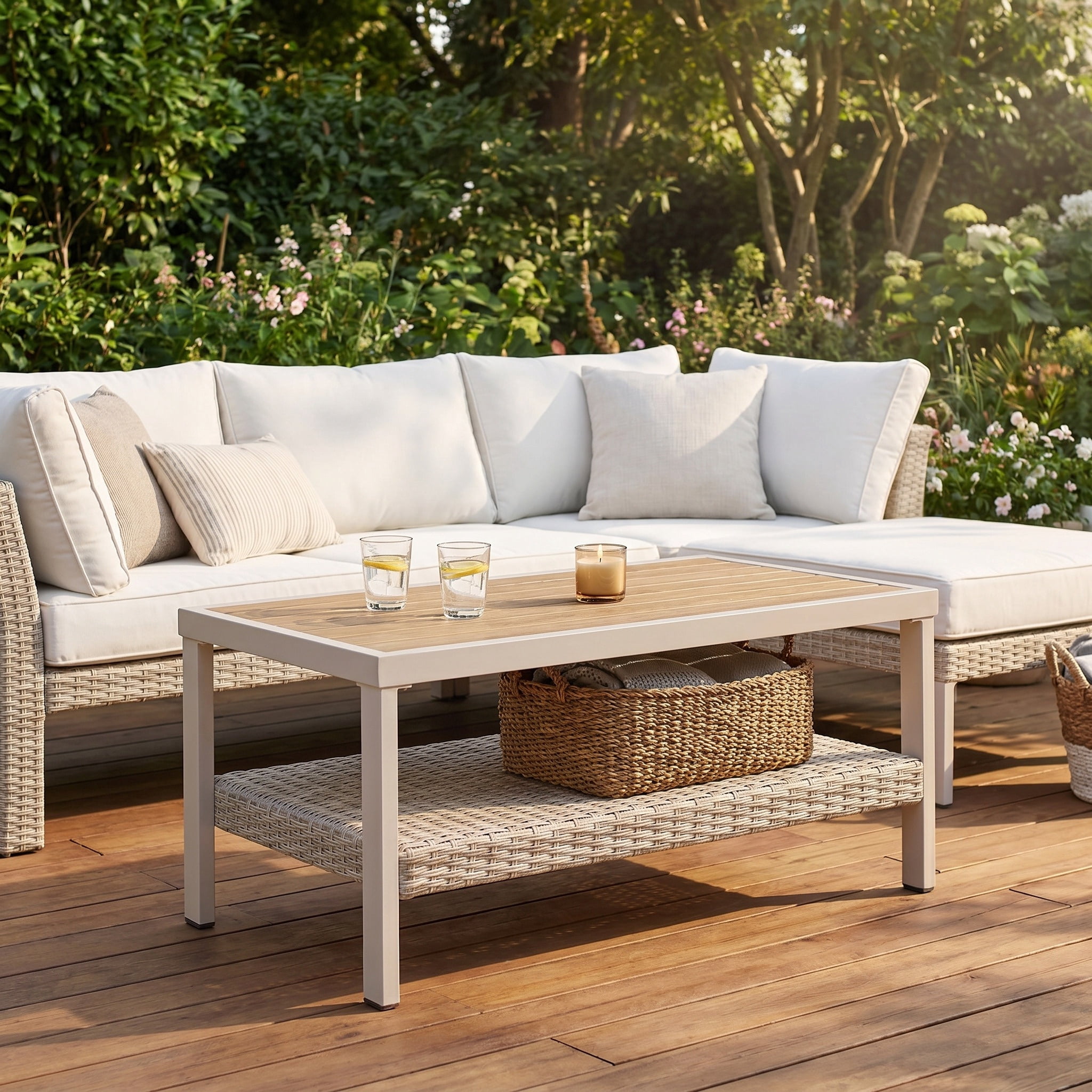 Nordic Hygge Modern Minimalist Patio Table with Integrated Storage Shelf – Weather-Resistant Powder-Coated Finish – Bone